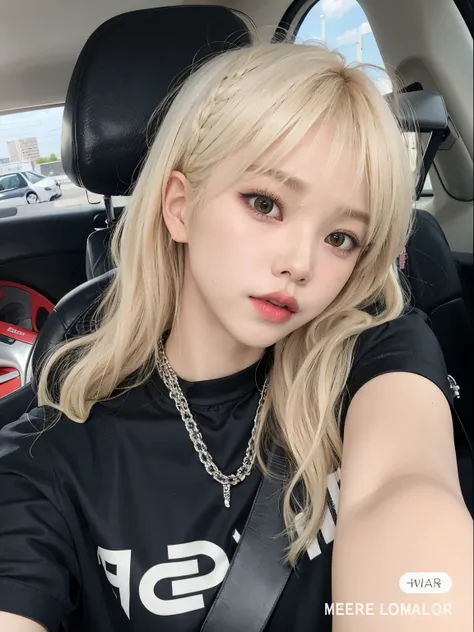 blond haired girl with a black shirt and a silver chain, lalisa manobal, lalisa manoban of blackpink, ulzzang, with full bangs, with bangs, roseanne park of blackpink, the hime cut, neat hair with bangs, long hair with bangs, a girl with blonde hair, long ...