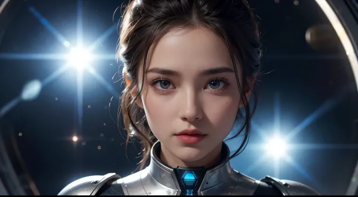 pper body close-up image. A beautiful woman. Dark brown hair. She wears a silver metallic battle uniform. A woman is surrounded by cosmic rays, and a glowing blue planet can be seen through the window. Beautiful double eyes. The bridge of my nose. Well-sha...