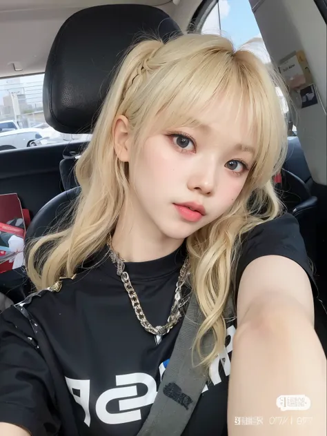 blond haired girl with a black shirt and a silver chain, lalisa manobal, lalisa manoban of blackpink, ulzzang, with full bangs, with bangs, roseanne park of blackpink, the hime cut, neat hair with bangs, long hair with bangs, a girl with blonde hair, kim d...