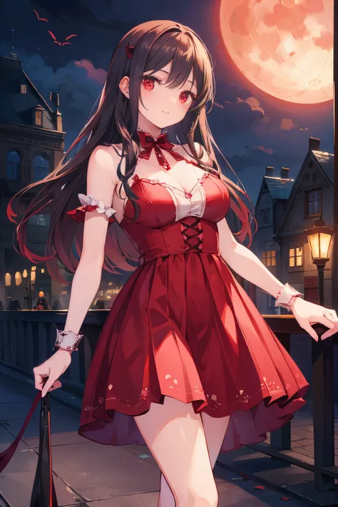 (((Top quality and highly detailed photorealism)))，((Vampire Woman: Red Eyes、Very ),(Walk gracefully along bustling  boulevards),(In the moonlight),(a scene from a movie:1.2))