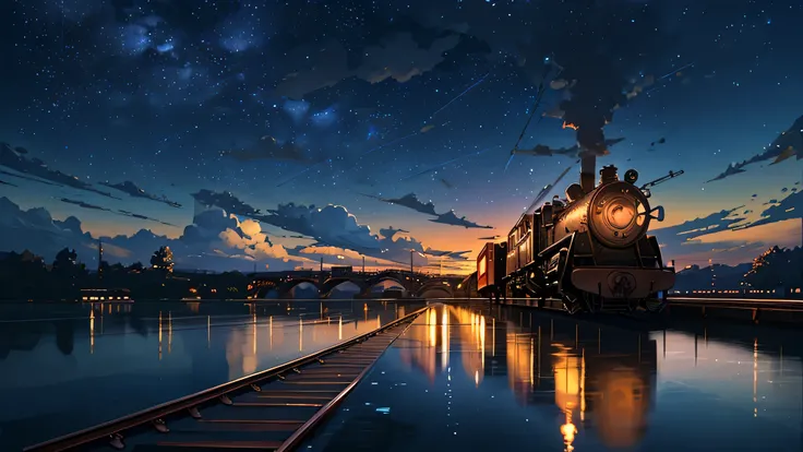 Masterpiece, anime train passing through bodies of water on tracks, bright starry sky. Romantic train, Makoto Shinkais picture, pixiv, concept art, lofi art style, reflection. by Makoto Shinkai, lofi art, Beautiful anime scene, Anime landscape, detailed sc...