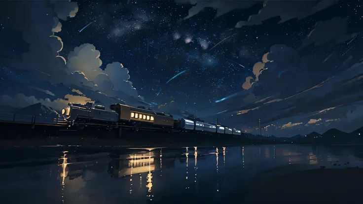 Masterpiece, anime train passing through bodies of water on tracks, bright starry sky. Romantic train, Makoto Shinkais picture, pixiv, concept art, lofi art style, reflection. by Makoto Shinkai, lofi art, Beautiful anime scene, Anime landscape, detailed sc...