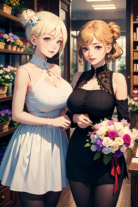 (two women:1.2)、(masterpiece:1.4)、(highest quality:1.4)、ultra high resolution、beautiful features、flower hair ornament、blonde bun hair、black short bob、earrings、white dress、black tights、(huge breasts:1.2)、red face、smile、holding a bouquet、flower shop、flowers ...