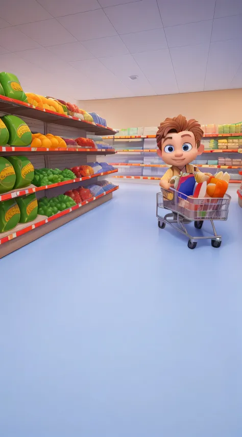 shopping groceries, getting groceries, Male store clerk holding cardboard box, inside a supermarket, Supermarket shelves full, 3D, toy photos, Lovely 3D rendering, animation stills, shopping cart, cart, stood in a supermarket, animation stills, Promotional...