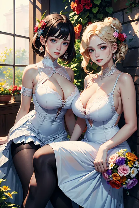 (two women:1.2)、(masterpiece:1.4)、(highest quality:1.4)、ultra high resolution、beautiful features、flower hair ornament、blonde bun hair、black short bob、earrings、white dress、black tights、(huge breasts:1.2)、red face、smile、holding a bouquet、flower garden