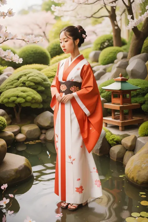 Along the sun-dappled path of a Japanese-inspired garden in the 2020s, a tween Latino girl, with braided hair and a kimono, feeds koi fish in a serene pond, surrounded by cherry blossom trees and stone lanterns.