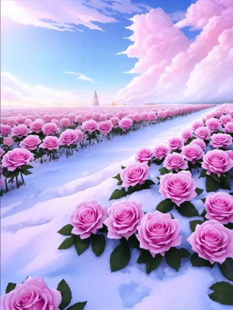 there is a picture of a field of pink roses in the snow, anime beautiful peace scene, beautiful anime scene, magical flowers, beatiful backgrounds, with frozen flowers around her, in the white clouds fairyland, heaven pink, blossoming path to heaven, in st...