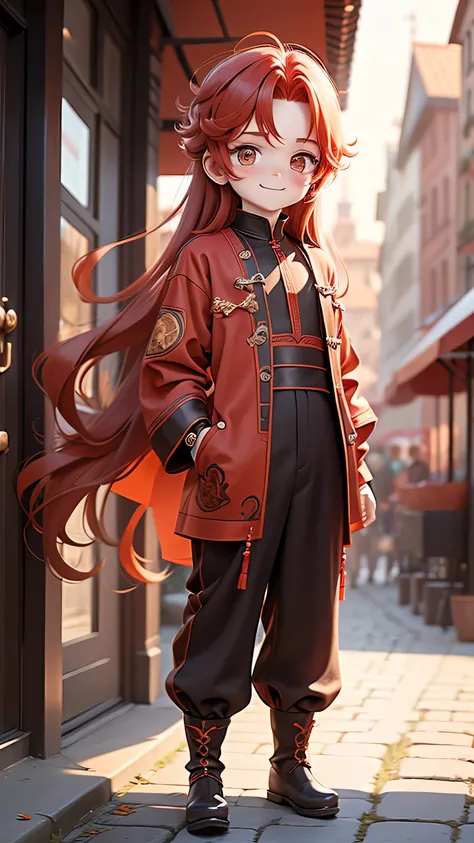 1 boy, Red hair, long hair, Raised bangs, forehead, man'One-piece Pants, delicate eyes, whole body, alone, chibi, new year atmosphere, Sunshine Boys, boots, Smile, stand