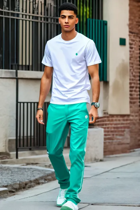 A realistic portrayal of an une person, a mixed-race boy walking with a white T-shirt and stylish pants, carrying a mint green Rolex --s2

A highly detailed and hyper-realistic image of an une, a person of mixed race, casually strolling with a plain white ...