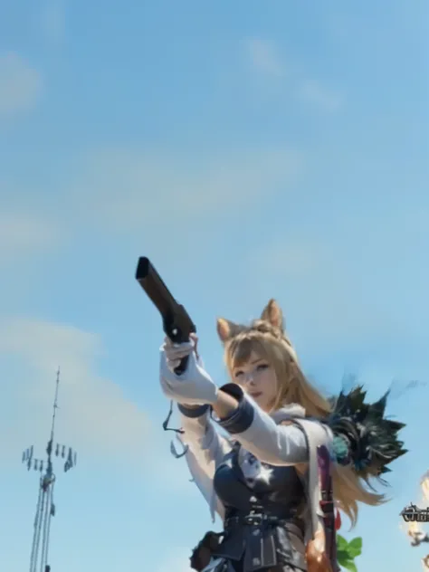 a close up of a person holding a gun in a field, from lineage 2, lineage 2 revolution style, maple story gun girl, final fantasy 14 style, ffxiv heavensward, <mmorpgs scene, tranding on pxiv, from ncsoft, ffxiv, m4 sopmod ii girls frontline, aion, final fa...