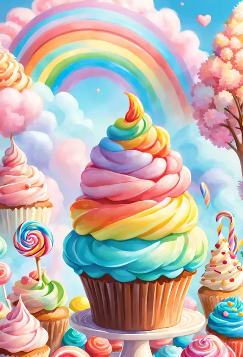 a land filled with love and candy, soft outlines, magnificent, celestial, ethereal, painterly, epic, majestic, magical, fantasy art, dreamy, oversaturated, vibrant candy in front view, cotton candy, sugar candy stripe rainbow, lollipop flowers, cream trees...