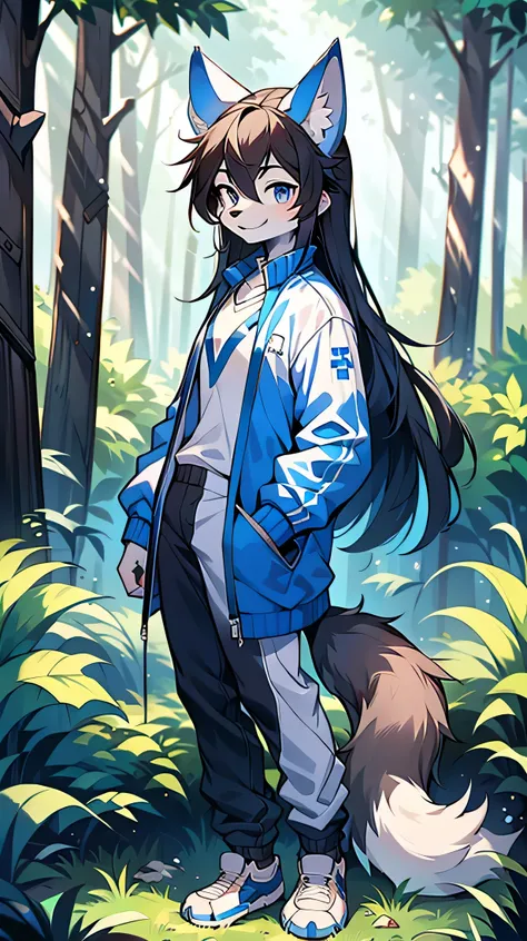 The male wolf is 180 cm tall，bluish violet eyes, , long black hair, end, The upper body shows off the perfect body，blue and white sportswear，cloth pocket，with smile，Two small ears，Stand with fair skin ，in the woods
