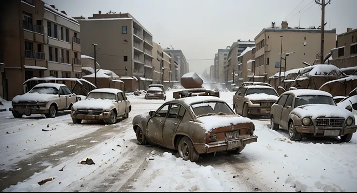 Destroyed city in snow. Stalingrad. WW2 documentary picture, destroyed vehicles 