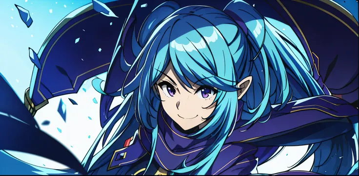 cel shading[ABCDhiccups:,(1 girl:1.2),aqua blue hair,Purple eye,big breasts,smile,throw