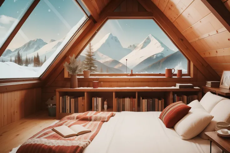 In the cozy attic hideaway of a Scandinavian-inspired cabin in the 2020s, a fourteen-year-old white boy, with messy red curls and a Nordic sweater, enjoys a quiet afternoon of reading, surrounded by plush blankets and snow-capped mountain views.