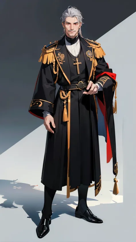 ((masterpiece,best quality,8k,highres)),((character concept art)), 1 male, middle-age adult male, Religion Bishop, 190 cm height, big back head hairstyle, (grey hair colour), ultra finely detailed eyes (red eyes colour), grey mustache, extraordinary handso...