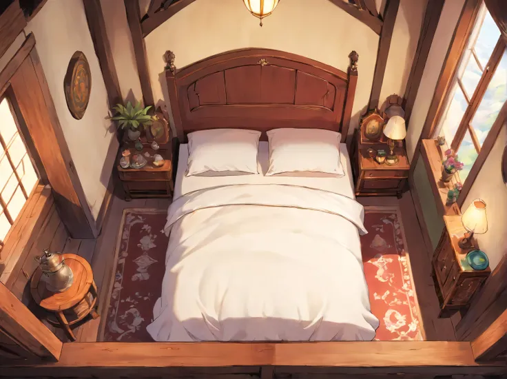 ((Symmetrical view looking down from directly above the bed.))、Super luxurious medieval inn room、The bed is luxuriously decorated、A tent similar to the one used by the king has been set up。.、((the bed is white))、((unmanned))、