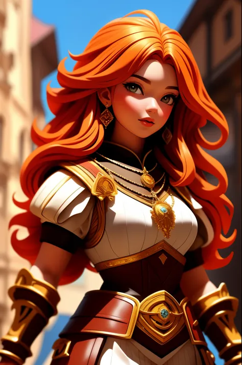 anime, detailed, depth of field, sunny, ginger hair, barbarian female, medieval time, looking up, careful, serious look, front view, medieval city background