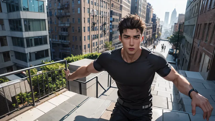 handsome man，parkour，high-rise building，team