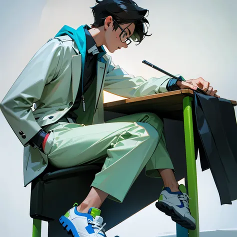 Create a 3D illustration featuring a realistic 18 year-old beautiful young boy busy to writing a coding on a chair in front of a 3d logo of WhatsApp. The character should have green and white pant coat tie, with Sneakers shoes, with glasses, The background...