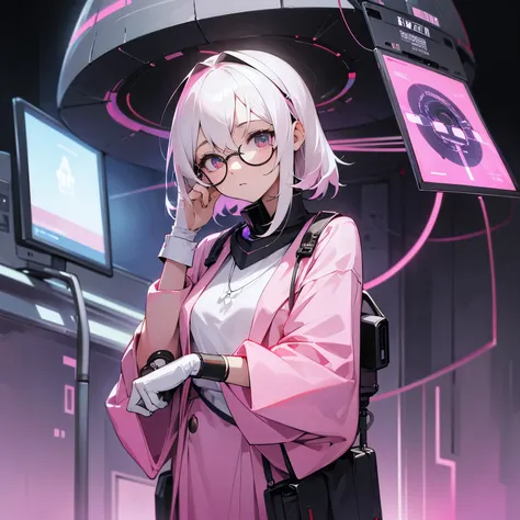 clergyman、White medium hair、short、doctor、woman、glasses、cyber punk、Light pink clothes、14 years old