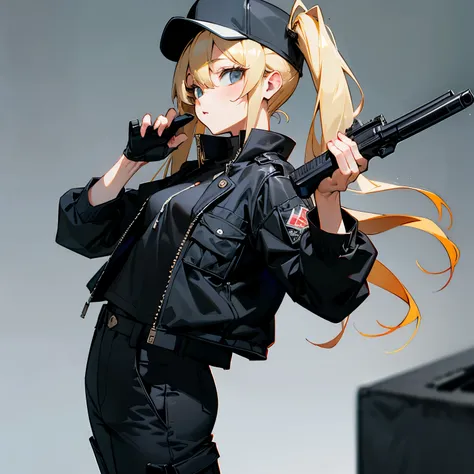 blonde twintails、Holding a pistol、Black Cargo Pants、Wear a black jacket、short、small breasts、wearing a black baseball cap、