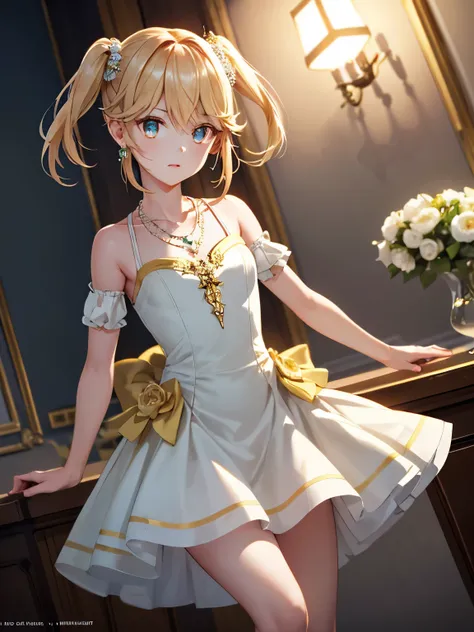 masterpiece, highest quality, tart 、Golden hair,figure, blue, platinum earrings, Platinum Necklace, white dress, 1 girl, cute, (dynamic lighting:1.2), cinematic lighting, delicate features, fine eyes, sharp pupils, realistic student, Depth of bounds writte...