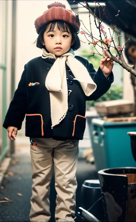 Highly realistic photo, ((masterpiece), (best quality), (raw photo), (photorealistic:1.4), Portrait of a 3-year-old Vietnamese girl, black hair, wearing a wool hat, white scarf, standing next to a Tet peach branch, Vietnamese rural house, photo taken by So...