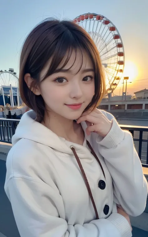 cute 21 year old japanese、amusement park、Clear skies、Light of the sun、Ferris wheel、super detail face、pay attention to details、double eyelid、beautiful thin nose、sharp focus:1.2、Beautiful woman:1.4、(light brown hair,short hair、),pure white skin、highest quali...