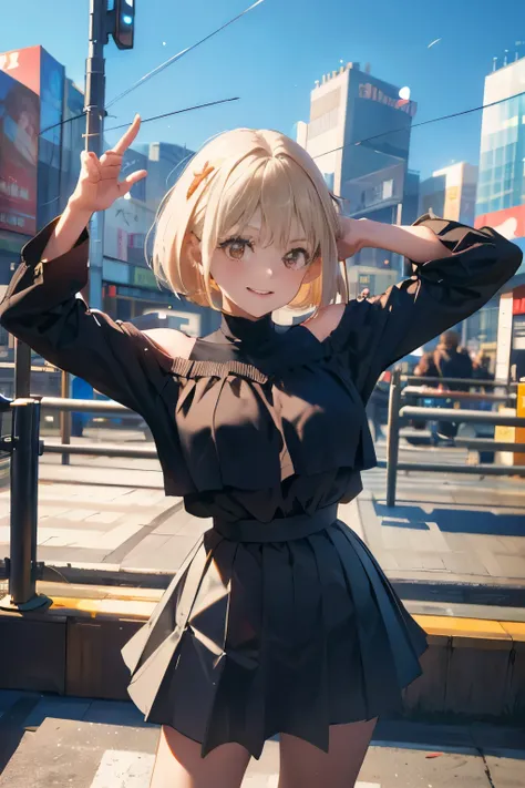 (top-quality、in 8K、32K、​masterpiece、nffsw、ighly detailed:1.2)、cowboy  shot, (blue open sky、Shinjuku、In front of the station:1.4)、beautiful shadow、beauitful face、blurry backround、16-year-old beautiful girl、shinny skin, Beautiful black hair、Blunt bangs、 Katy...