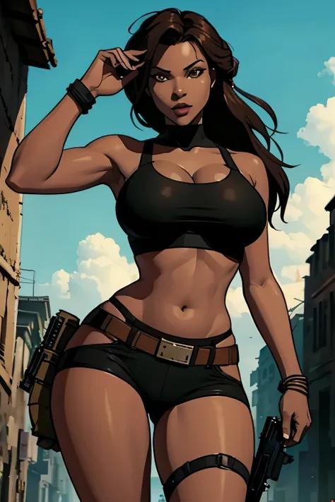 2 ebony african women, sexy, thicc, lara croft, dreads, shooting pistols, big breasts, gold jewelry