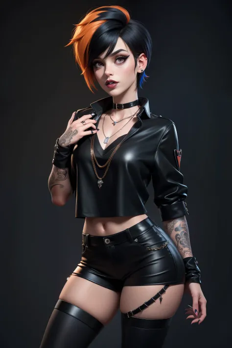 masterpiece, best quality,3d rending work ,3DMM style, pro photography, 3D,1girl, solo, multicolored hair, orange hair, black hair, necklace, freckles, jewelry, two-tone hair, looking to the side, lustful look, realistic, full body, simple background, bang...