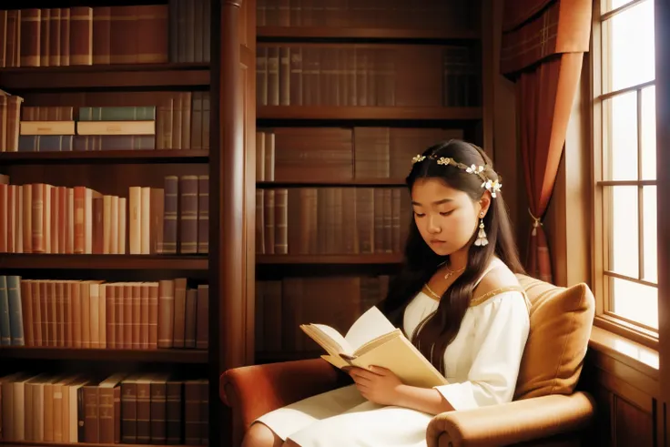 In the cozy reading nook of a Scottish castle library in the 2000s, a sixteen-year-old Native Hawaiian girl, with a flower behind her ear and a flowing dress, immerses herself in Gaelic folklore amidst dark wood bookshelves and plush velvet armchairs.