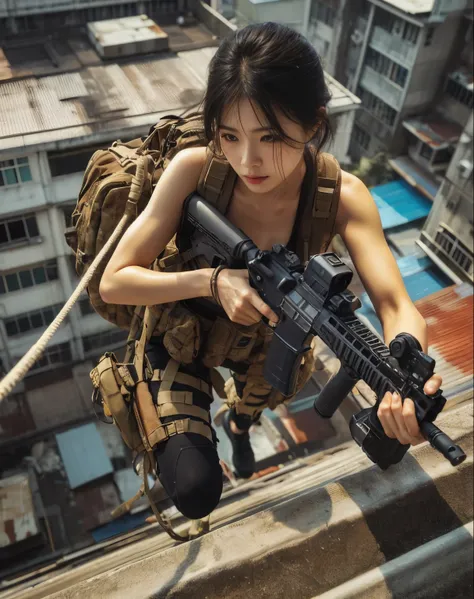 photorealistic、realistic skin texture、automatic rifle、