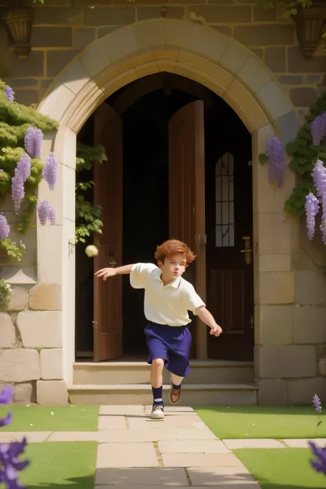 In the vibrant Tudor-style courtyard of an English manor in the 1990s, a thirteen-year-old white boy, with unruly auburn curls and a cricket jumper, races to catch a runaway cricket ball, surrounded by ancient stone walls and blooming wisteria.