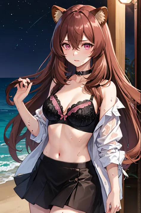 High quality, hyperrealism, Raphtalia, pink eyes,long hair, Raccoon ears, hair between eyes, Brown hair , wet white shirt, black bra under shirt , night, a night beach, Pink cheeks, evil look, tired look, choker, Miniskirt