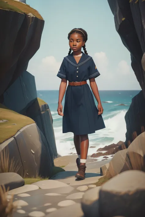 Along the pebbled paths of a coastal lighthouse compound in the 2000s, a fourteen-year-old black girl, with tightly braided hair and a sailors blouse, skillfully navigates rocky terrain, determined to reach the cliffs edge and survey the tumultuous sea bel...