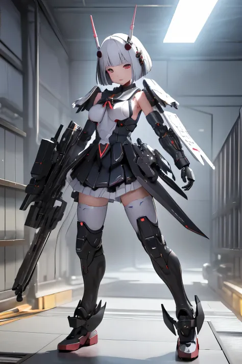 (highest quality)), ((masterpiece)), (very detailed: 1.3), 3D, {(japanese young girl)}, japanese girl wear gothic lolita clothes with white frills under armor,  wears a futuristic Gundam mecha,(Gundam), with headgear, with v-fin , armored shoulders,armored...