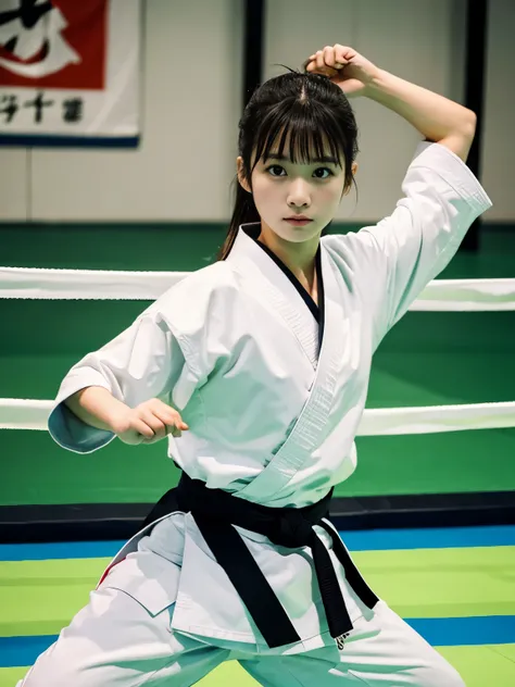 Highest image quality,highest quality,masterpiece,4k,8k,best quality,女性karate,in a karate道場ring, she is ready to fight,  Chudan Gyakutsu pose, karate, young japanese woman, japanese girl,karateの道着,Wearing pants,Black belt,karate大会