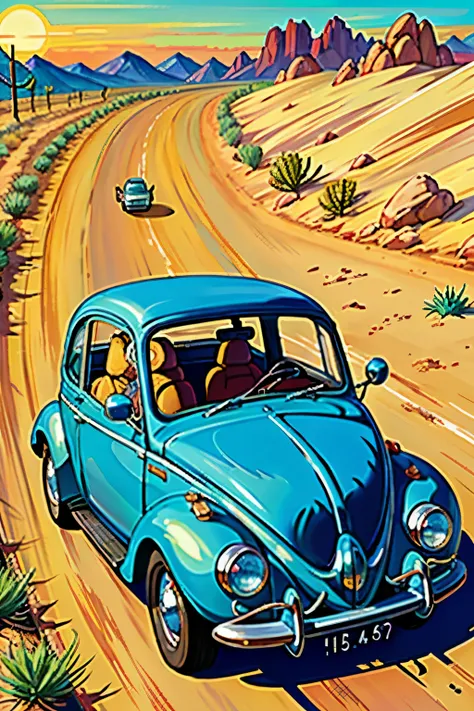 In the image, a vintage 1968 blue Beetle car slowly rolls down a sandy desert path. Cacti line the roadside, their thorny forms casting long, comic-style shadows against the sun-drenched scene. With the sun setting in the background, the Beetles blue body ...