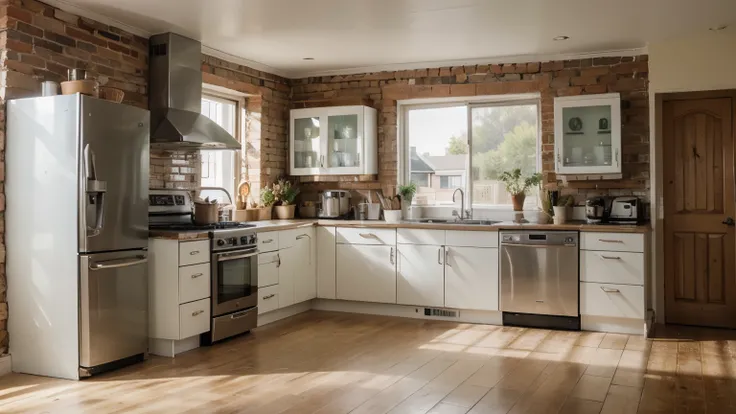 reralistic photo Vintage style and modern  kitchen with bricks on the wall. The furniture and cabinets, designed in a classic style, along with the appliances