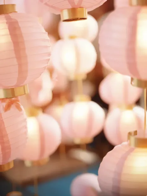 there are many pink paper lantern hanging from the ceiling, glowing paper lantern, with paper lantern, soft light 4 k in pink, lantern, chinese lantern, soft pink lights, light pink tonalities, glowing lantern, colorful paper lantern, pink, soft light, Bea...