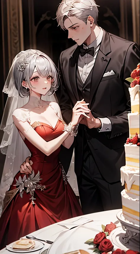 Anime characters in front of a big cake, Happy Wedding, red tuxedo and red dress, men and women, gray hair、silver hair, short cut woman, bright banquet hall, the greatest cake, cake cutting