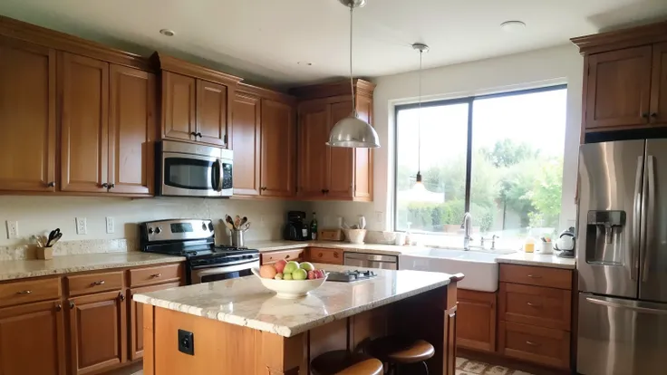 photo kitchen in vintage style with orange bricks on the wall. The furniture and cabinets, designed in a classic style, along with the appliances