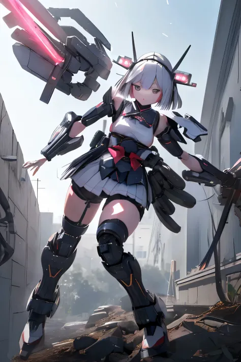 (highest quality)), ((masterpiece)), (very detailed: 1.3), 3D, {(japanese young girl)}, japanese girl wear gothic lolita clothes with white frills under armor,  wears a futuristic Gundam mecha,(Gundam), with headgear, with v-fin , armored shoulders,armored...