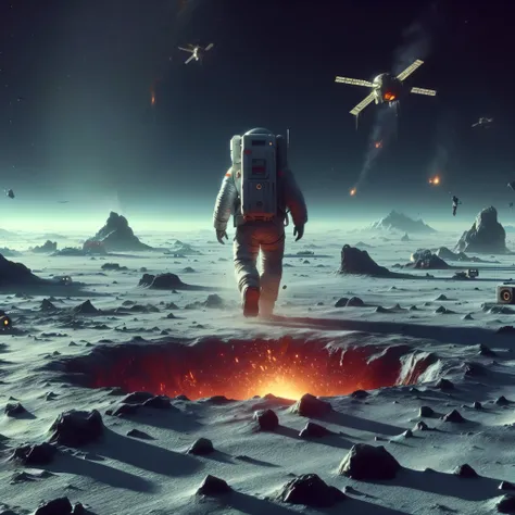 astronaut walking on a barren surface with a hole in the middle, beeple and tim hildebrandt, beeple and mike winkelmann, beeple artwork, inspired by Mike Winkelmann, beeple. hyperrealism, beeple and greg rutkowski, beeple daily art, realism | beeple, on th...