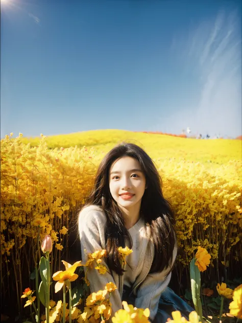 Beautiful girl sitting in autumn flower field, Infrared photography, graphic design, poster, art, Bright colors，dream，sweet smile