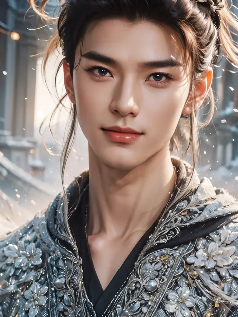 （male character design），（close-up of smiling handsome chinese man pan an&#39;s face），（pan an wears modern and fashionable men&#3...