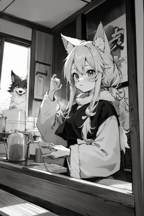 top quality, best quality, highres, unparalleled masterpiece, perfect artwork, paid reward available, indoor, couple of comics(super cute 1girl, 1wolf, kemono, furry anthro)tumblr, sosaku hanga, black and white manga page, manga page, doujin, ddlc, anime, ...