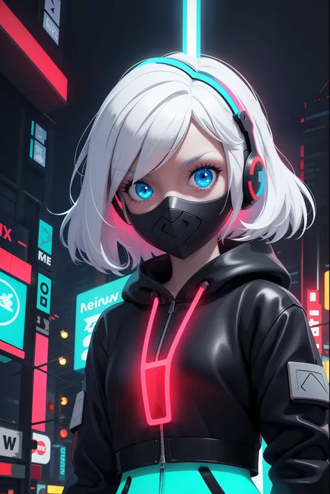 (frontal view, facing viewer:1.2), centered, 3d, 3d model, unreal engine, | digital face portrait, | 1girl, solo, white hair color, short hairstyle, light blue eyes, | (neon red wireless headphones headset:1.2), (black neon futuristic mouth mask:1.2), dark...